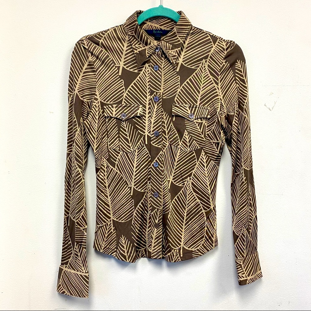 Boden Brown Stretch Silk Leaf Print Button Up Top